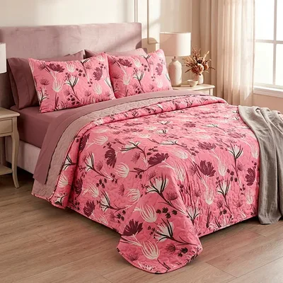 Quilt Estampado Flor Rosado Morado 2 Plazas