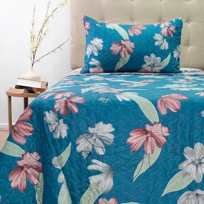 Edredón De 1.5 Plazas Estampado Flor Azul Burdeo