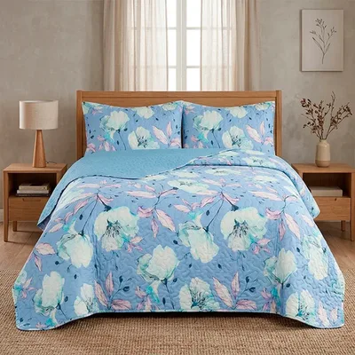 Edredón De 2.5 Plazas Estampado Flores Celeste Lila