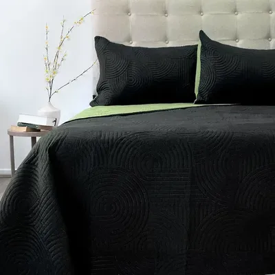 Quilt Liso Bicolor De 2.5 Plazas Negro Verde Claro Verde Claro